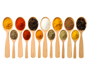 Vibrant Culinary Spices & Herbs in Wooden Spoons Assortment on White Backdrop for Cooking & Gastronomy Essentials transparent background png