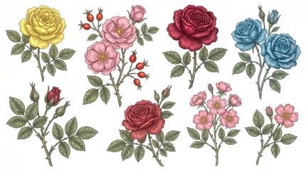 Multicolor Rose Flowers Clipart Collection Red Yellow Pink Blue Rosehip Watercolor Set Wedding Bouquet Floral Design
