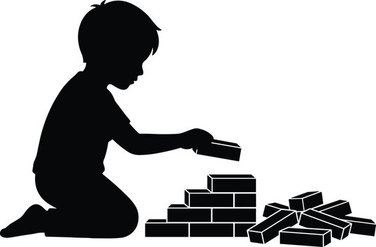 Silhouette of young boy kneeling and stacking building blocks, childhood learning and development illustration symbolizing creativity, focus, imagination and growth