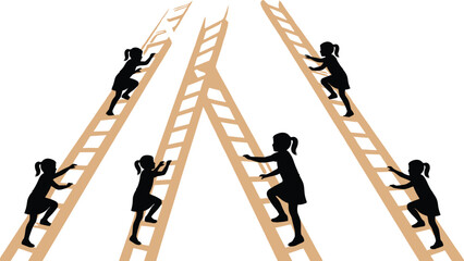 Silhouette of young girl climbing multiple ladders, symbolic challenge and ambition concept, childhood growth and success journey illustration © Md