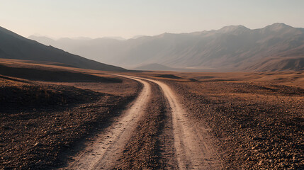 Open dirt road winding through a vast desert plain towards distant, hazy mountains. The landscape is arid and rugged, illuminated by a soft, early morning or late afternoon light.