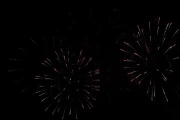 Festive fireworks display in the night sky with artistic film grain and soft focus.
