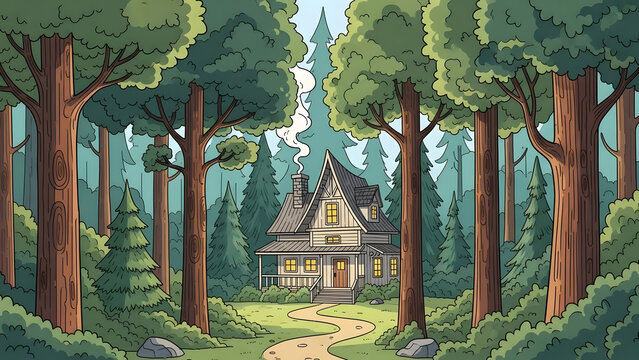 Cozy Wooden Cabin in the Middle of a Lush Green Pine Forest Comic Style Illustration