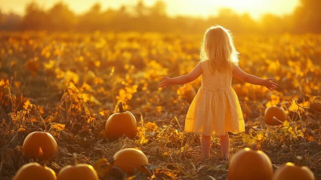 Young Caucasian girl in yellow dress standing pumpkin patch at sunset