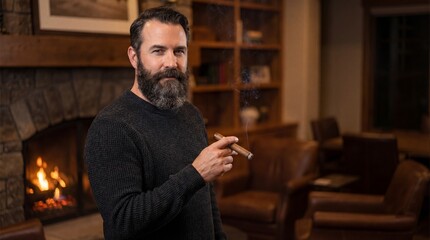 Bearded man with cigar near fireplace in cozy living room  