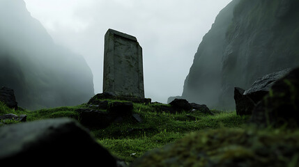 A weathered stone monolith stands amidst lush greenery, enveloped by a mystical fog, as towering cliffs fade into the distance under an overcast sky. Serene and silent.