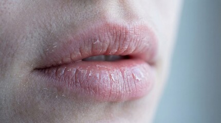 Cracked lips in winter air close-up on woman with dry skin  