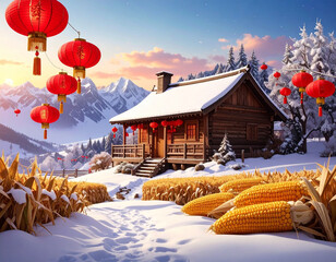 Picturesque Snow Covered Log Cabin with Festive Red Lanterns and Golden Corn Husks in a Winter Mountain Landscape