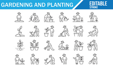 Obraz premium Editable stroke planting icons featuring growing tools and gardener figures.