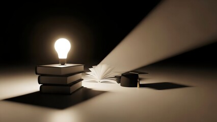 Glowing light bulb on stack of books with open book and graduation cap nearby on table
