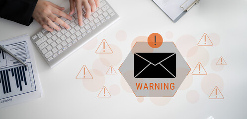 Digital warning mail interface highlights email threat detection, security monitoring, and proactive prevention of phishing and malware intrusions. Parse