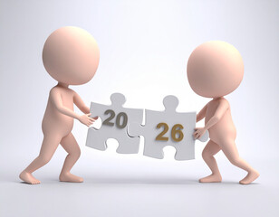 3D Characters Collaborating to Connect Puzzle Pieces Displaying the Year 2026 for Future Planning Concept