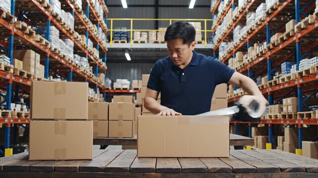 Warehouse worker packing boxes for shipment logistics and delivery services