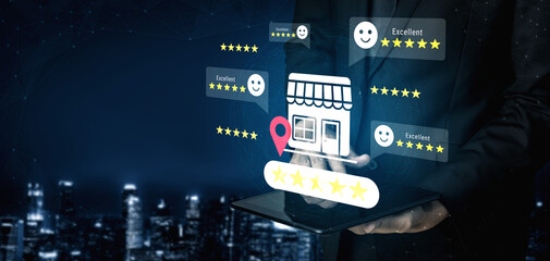 A modern digital marketing scene showcasing e-commerce ratings and customer reviews represented on a tablet, enhancing online shopping experience in a vibrant urban setting. Gantry