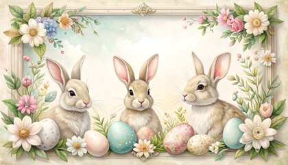 Watercolor Easter bunnies with eggs and flowers.