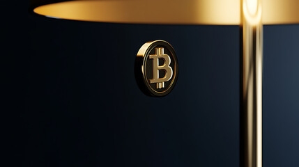 A golden coin with a stylized 'B' floats in a dimly lit space, illuminated by a soft golden glow. It represents digital currency, modern finance, and innovative technology.