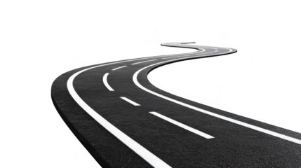 A winding asphalt road with clear white lane markings stretching into the distance. set against a minimalist white background. symbolizing journey and adventure