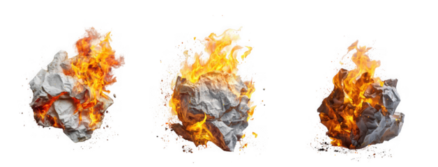 Three realistic flames engulfing crumpled paper showcasing intense heat and detail on transparent background high quality