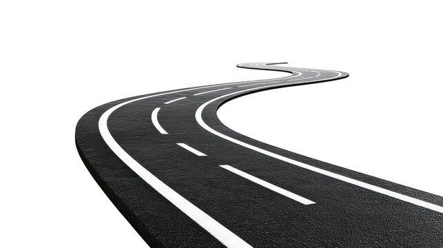 A winding asphalt road with clear white lane markings stretching into the distance. set against a minimalist white background. symbolizing journey and adventure