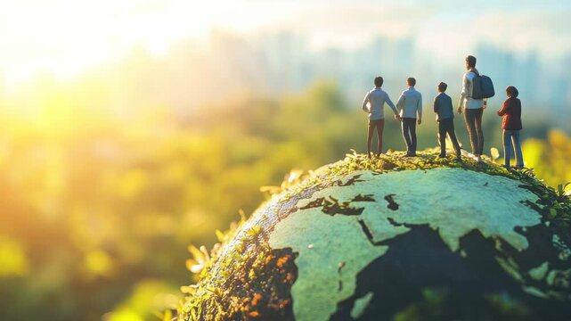 Diverse group stands on globe, symbolizing global unity and teamwork