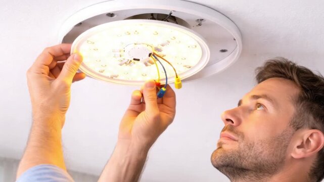 An adult man replaces a round LED module on a ceiling plate, purposeful movement explains safe electrical work and modern reliable home lighting. Video.