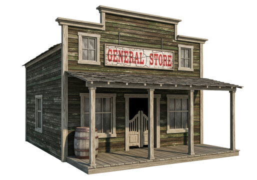 isolated, photorealistic 3d render of a weathered two-story american wild west general store with peeling green paint, saloon doors, and a rustic porch on a transparent background. detailed