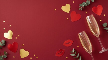 Celebration With Glasses, Hearts, and Decorations on a Red Table for a Festive Occasion