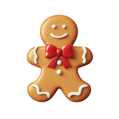 A cheerful. stylized gingerbread man cookie with a red bow tie. set against a clean white background. perfect for holiday-themed designs. baking articles. or festive celebrations