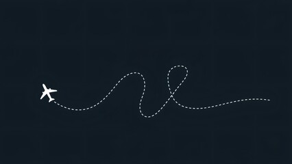 Airplane with dashed line flying on a dark background. Travel concept for flight path illustration and journey planning design element.