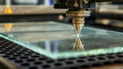 Close-up capturing the delicate precision of a laser cutting through a pristine sheet of glass, the focused beam creating a perfect reflection and highlighting its industrial elegance.