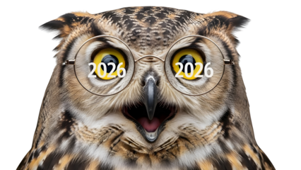 Wise owl wearing glasses looking forward to the new year 2026 concept with calendar reflection isolated PNG with Transparent Background