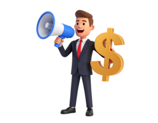 3D Business Person Holding Megaphone and Golden Dollar Symbol transparent background png