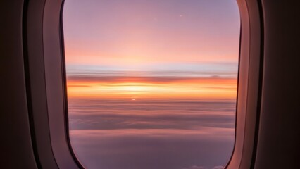 View from airplane window at sunset over cloudscape. Traveling in sky during golden hour. Serene aerial sight for travel concept.