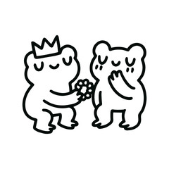 Fototapeta premium Cute frog prince offering flowers illustration for Valentine’s Day greeting cards, romantic posters, and fairy tale designs, doodle vector