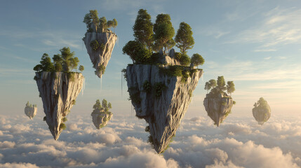 3D Render: Abstract Floating Islands Landscape