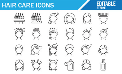 Hair care and salon routine line icons set. Vector outline collection of hair washing, coloring, treatment, drying, styling, and products with editable stroke. © SANTI