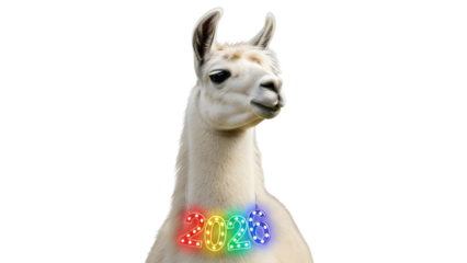 Cute white llama wearing bright 2023 lights for New Year celebration marketing and greeting cards isolated PNG with Transparent Background