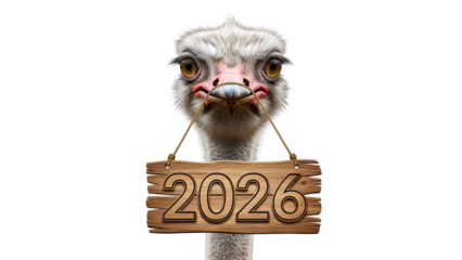 Quirky ostrich bird portrait holding 2026 sign for New Year and future concepts isolated PNG with Transparent Background