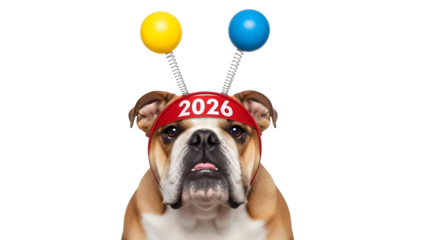 Cute English Bulldog celebrating New Year 2026 wearing funny novelty party headband. isolated PNG with Transparent Background