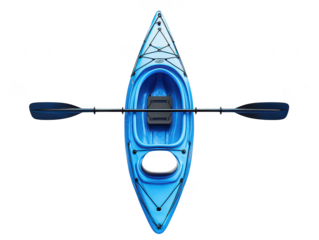 A blue kayak positioned centrally on a white background. its sleek design and paddles. ideal for water sports promotions or outdoor adventure imagery