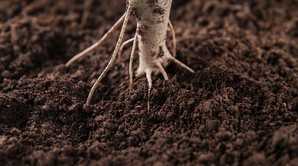 Exposed tree roots grip the earth, a vital connection between life above and below. Rich, dark soil cradles the foundation, promising growth and stability for the future.
