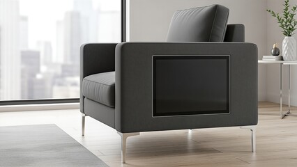 Side view of contemporary grey armchair featuring integrated black digital screen on armrest in bright living room