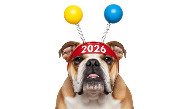 Funny English Bulldog wearing 2026 New Year headband, festive dog with party boppers, cute pet celebrating 2026 holiday event isolated PNG with Transparent Background