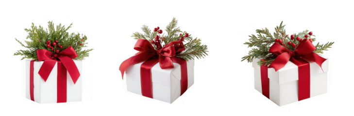 three festive gift boxes with red ribbons and evergreen sprigs perfect for holiday designs on transparent background