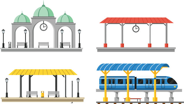 Set of various railway station platforms and modern commuter train vector illustrations featuring classic and contemporary transit architecture isolated on white background.