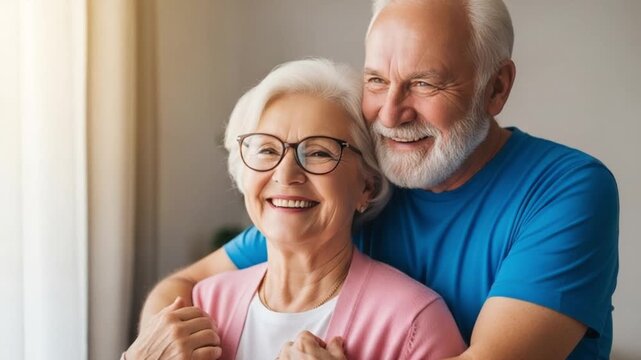 Elderly couple embracing and smiling together in a warm and intimate moment