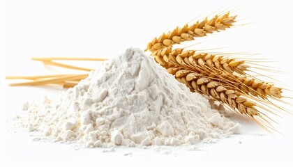 Freshly Milled White Flour Pile with Golden Wheat Ears on White
