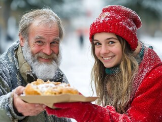 Selective focus. Volunteer handing a warm meal to a homeless person