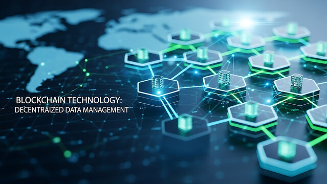 Futuristic global data network with interconnected hexagonal nodes symbolizing secure blockchain technology and decentralized information management