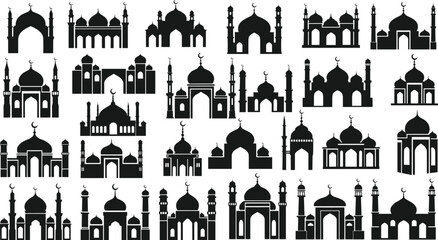 Collection of Black Silhouette Mosques with Domes and Minarets Islamic architecture building © MdAbdur